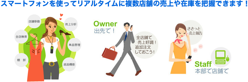 スマートフォンを使ってリアルタイムに複数店舗の売上や在庫を把握できます!